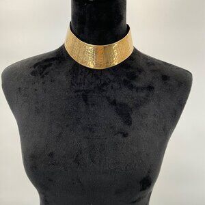 Hammered Brass Metal Choker Collar Necklace Open Back Adjustable Fit
